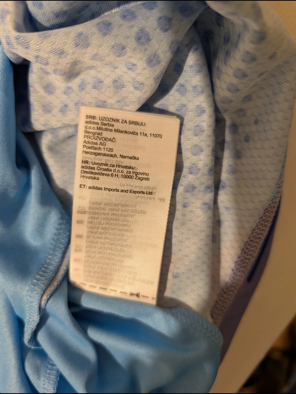 adidas Light Blue Athletic Top with Pink Dot Print and Navy Trim